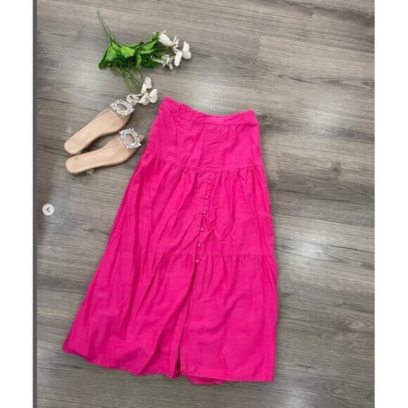 Japna Pink Linen Cotton Preppy Summer Vacation Button Barbie Party Midi Skirt - Picture 1 of 9
